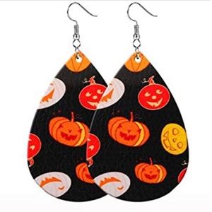 HALLOWEEN SCARY PUMPKINS FAUX LEATHER TEAR DROP EARRINGS